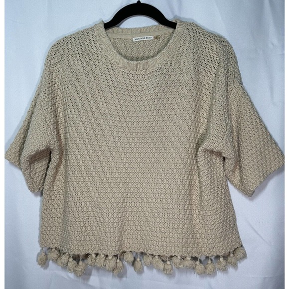 Mustard Seed Sweaters - Mustard Seed Chunky Crocheted Sweater Tassel Trim Short Sleeve Boxy Women Medium